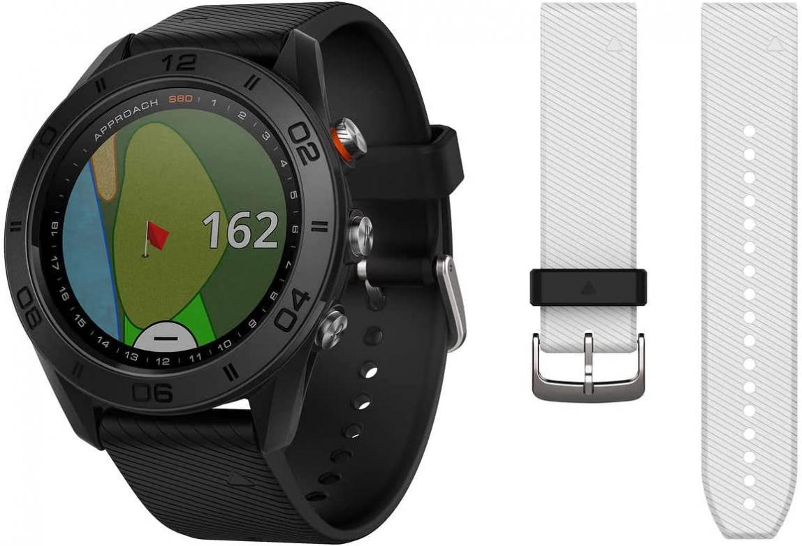 Garmin Approach S60, Premium GPS Golf Watch with Touchscreen Display and Full Color Course View Mapping, Black w/Black + White Silicone Band Bundle