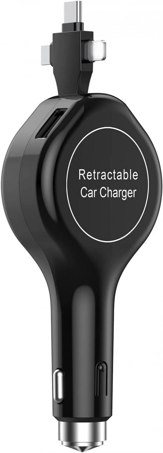 Kakao Dual USB Retractable 3.6A/18W Car Charger with Cable, 3-in-1 Multiple Fast car Charger Adapter Compatible with iPhone & Android Cell Phones, 2 USB Port Compatible with All USB Device Charging