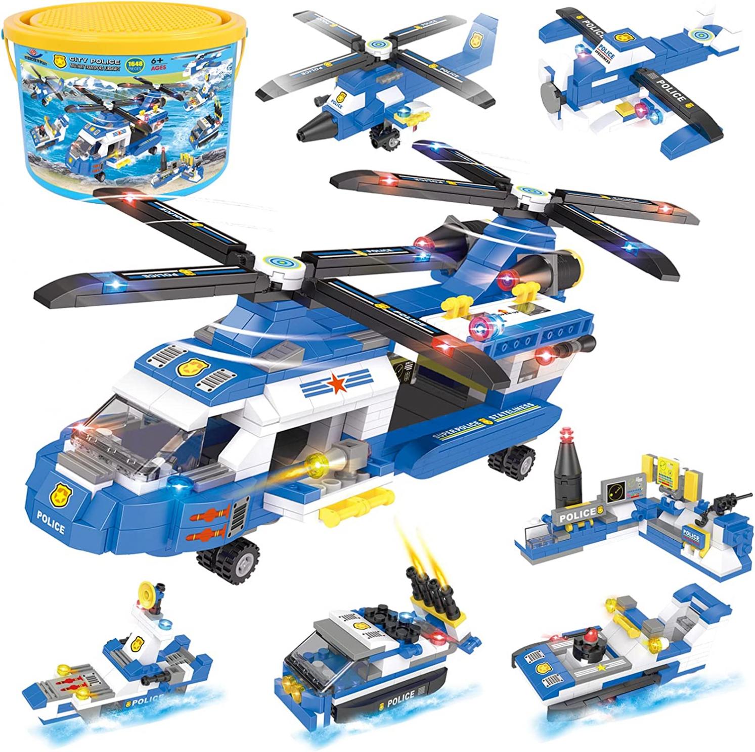 1648 Pcs City Police Heavy Helicopter Building Blocks Set, with Police Helicopter, Police Airplane, Patrol Boat, Hovercraft, Command Center with Storage Box for Boys Kids Aged 6+