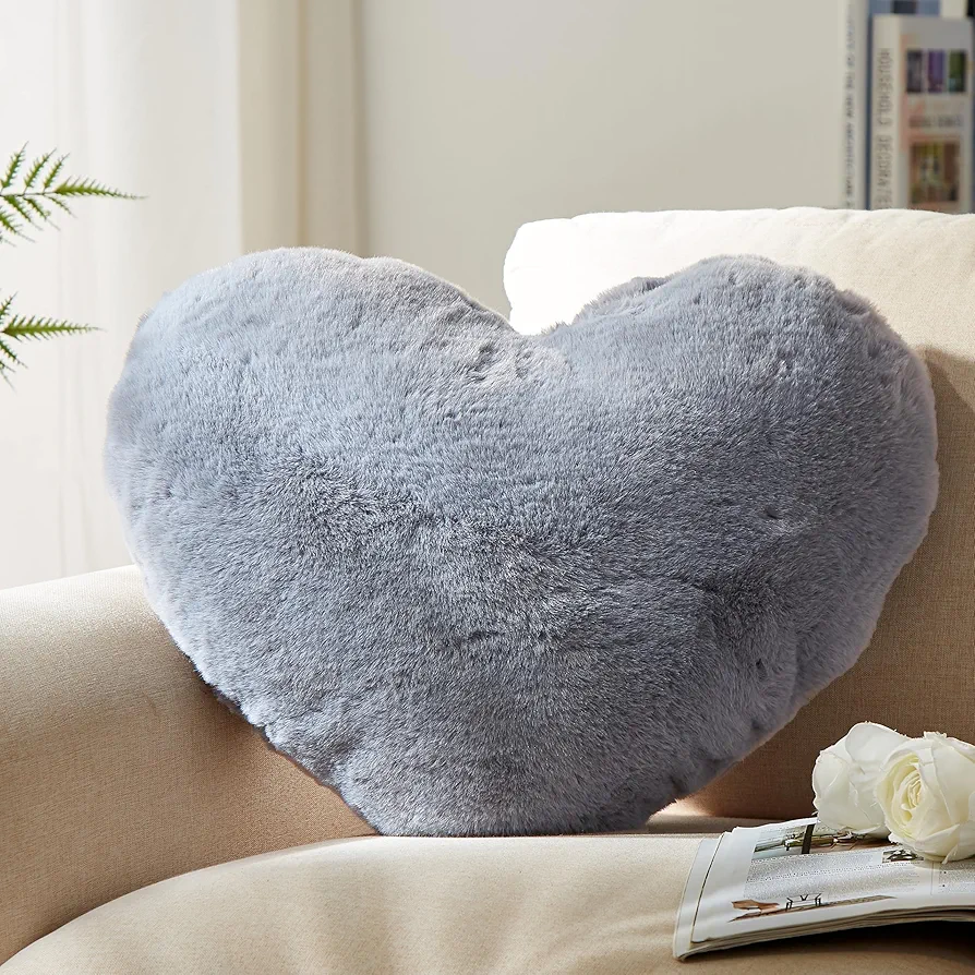 Heart Shaped Pillow, Cute Love Heart Pillow, Small Grey Heart Pillows Gifts, Faux Rabbit Fur Love Coquette Room Decor, Throw Pillows for Her, Kids, Girls Home Decoration, 10X11 Inch