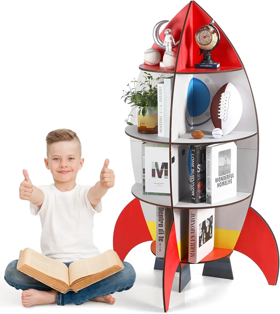 Space Rocket Bookshelf Kids 4 Tier Wooden Toy Storage Organizer Display Cabinet Bookshelf Baby Toddler Book Shelves Book Rack for Girl Boy Playroom Classroom Nursery Living Room