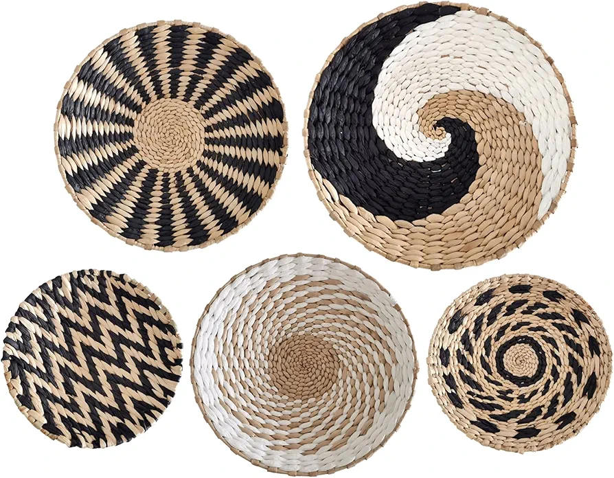 Wall Basket Decor 5pcs Boho Decor Bedroom Wall Decor Hanging Rattan Woven Baskets 7.9, 9.8, 11.8 Inch Rustic Wall Art Decor Decorative Key Tray Set For Living Room, Bedroom, Kitchen