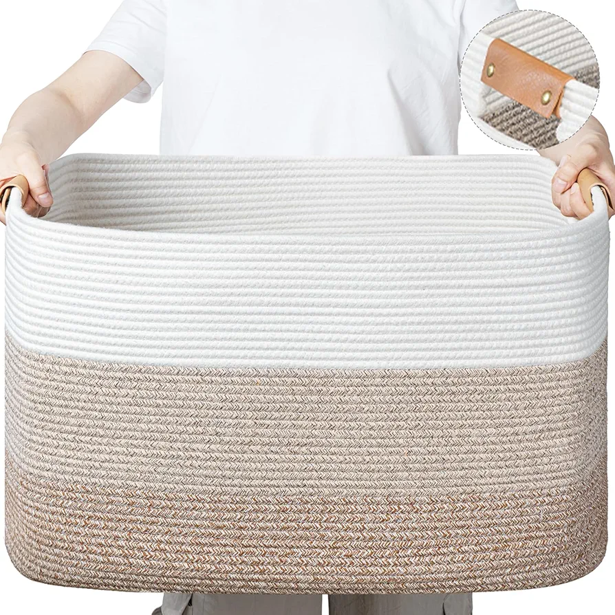 danpinera Large Rectangle Blanket Basket, Woven Nursery Cotton Rope Baskets for Storage, Living Room, Toy Organizing with Handle-25"x16"x16" Gradient Brown