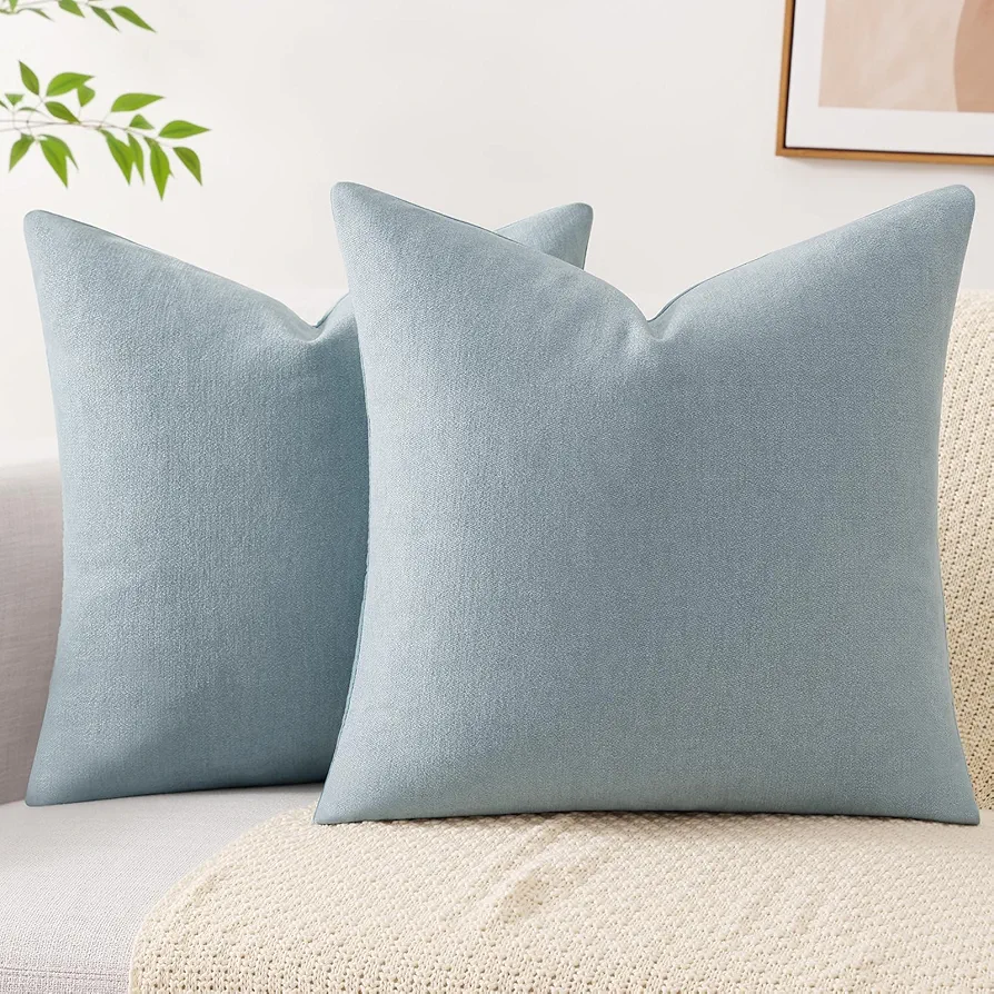 Decorative Chenille Throw Pillow Covers 18x18 Set of 2, Luxury Soft Velvet Pillow Covers for Sofa, Couch, Living Room - Light Blue