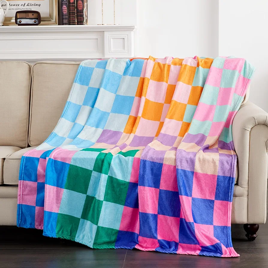 RoomTalks Colorful Checkerboard Throw Blanket, 60x80 Cute Multicolored Retro Modern Geometric Decorative Bed Throws Blankets, Soft Silky Flannel Throw Blanket for Couch Bed Chair Living Room Aesthetic