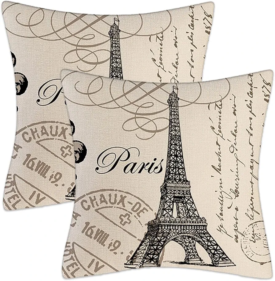 Paris Linen Square Throw Pillow Case Decorative Durable Eiffel Tower Throw Pillow Covers for Couch Sofa Bed Living Room Cushion Slip Cover 18x18 Inch (Paris 2pcs)