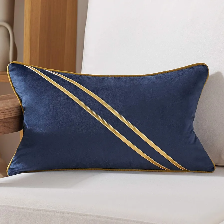 Avigers 12 x 20 Inch Navy Blue Gold Leather Striped Lines Velvet Cushion Case Luxury Modern Throw Pillow Cover Decorative Pillow for Couch Living Room Bedroom Car