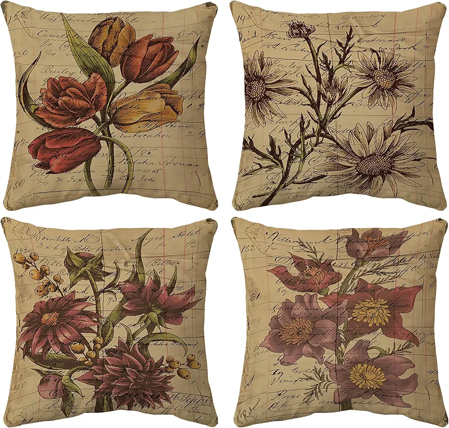 Vintage Tulip Flower Daisy Flower Sunflower Throw Pillow Cover,18"X18" Set Of 4 Decorative Pillowcase Cushion Cover For Sofa Couch Bed,Home Bedroom Living Room Decor,Gift For Flower Lovers Women Girls