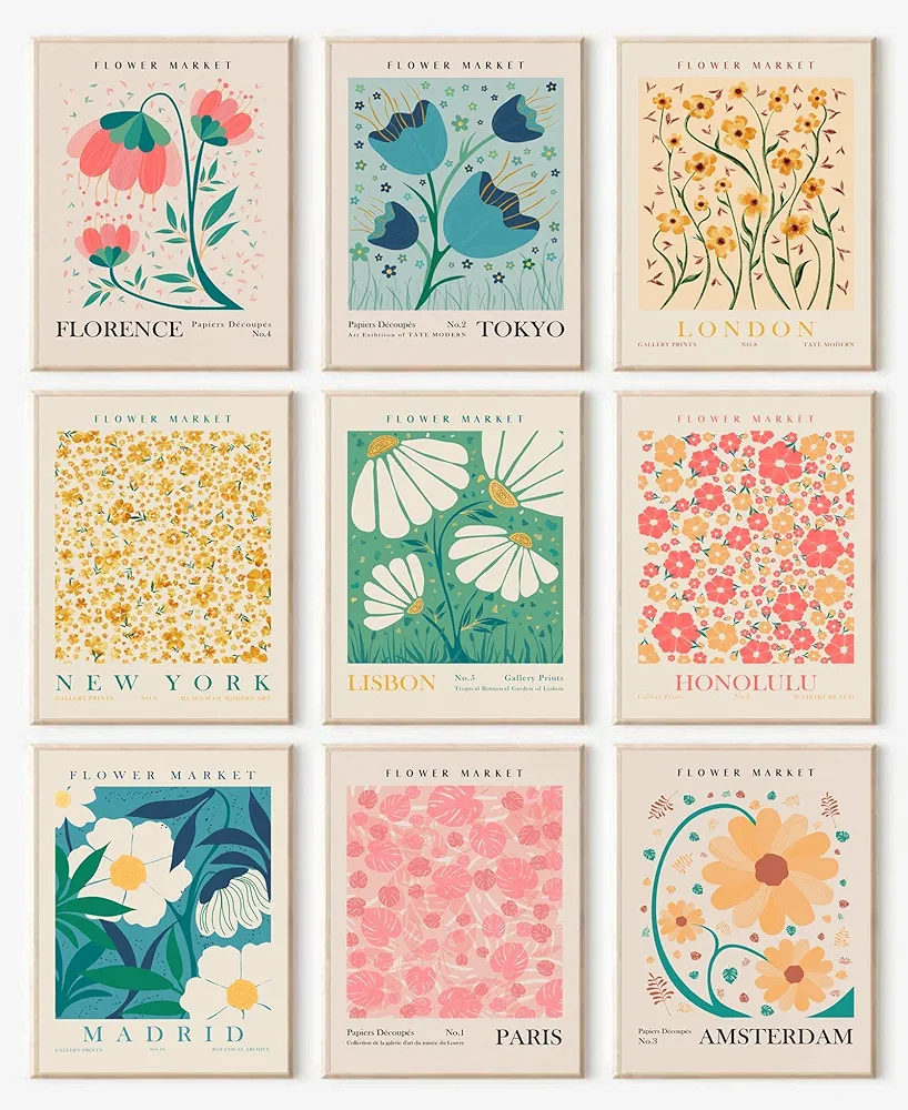 Flower Market Poster Set of 6, Abstract Flower Market Wall Art Prints, Vintage Colorful Floral Wall Art Decor, Boho Room Decor（8x10inch, Unframed)