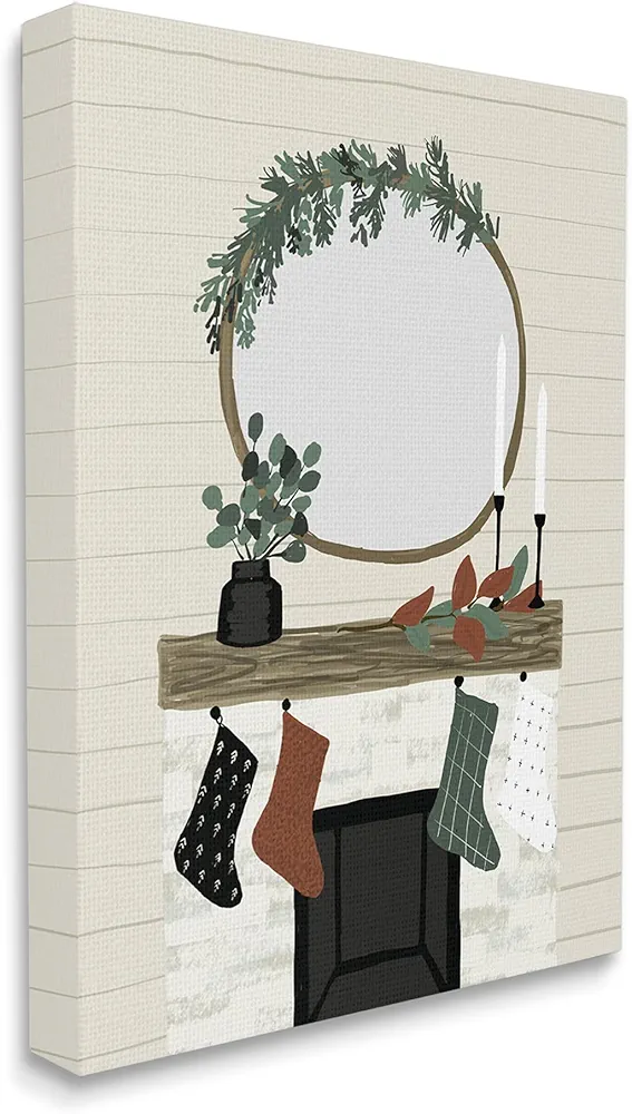 Stupell Industries Festive Room Interior Holiday Stocking Fireplace, Designed by Jess Bruggink Canvas Wall Art, 30 x 40, Beige