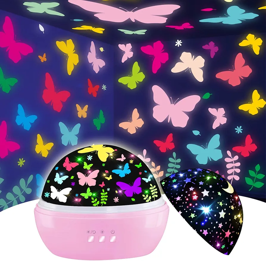 Butterfly Decorations, 16 Colors Butterflies 360° Rotating Butterfly Wall Room Decor, Night Light for Kids Projector, Birthday Christmas Socks Gifts for Girls Kids Toys Age 3-8