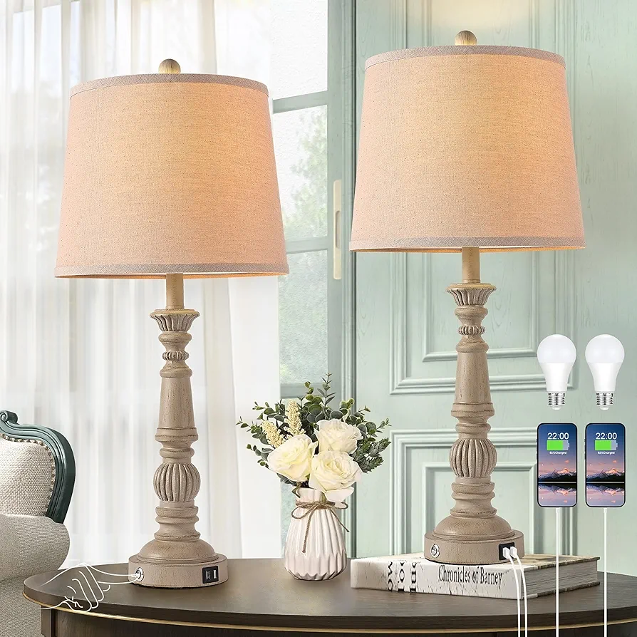 Large Table Lamps for Living Room Set of 2 with Touch Control, 29.7" Farmhouse Bedroom Lamps with 2 USB Ports, 2 LED Bulbs Included