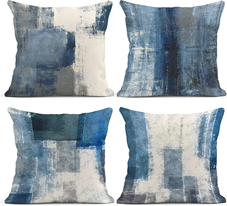 Emvency Set of 4 Throw Pillow Covers Blue and Grey White Art Artwork Contemporary Decorative Gray Cushion Sofa Bedroom Car Decor Pillow Cases Home Decorative Square 18x18 Inches Pillowcases