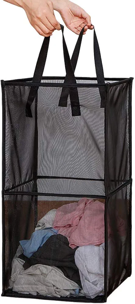 Laundry Hamper Bag with Handles,Portable & Collapsible Dirty Clothes Mesh Basket Foldable for Washing Storage, Kids Room,Dorm or Travel (Black,Double-Layer)