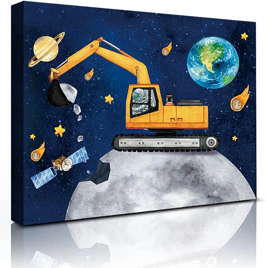 HLNIUC Outer Space Room Wall Art, Space Theme Posters Astronaut Construction Canvas Prints (12”X16”,Framed), Planet Stars Trucks Universe Art Print For Kids Boys room Playroom Decor-Ready To Hang