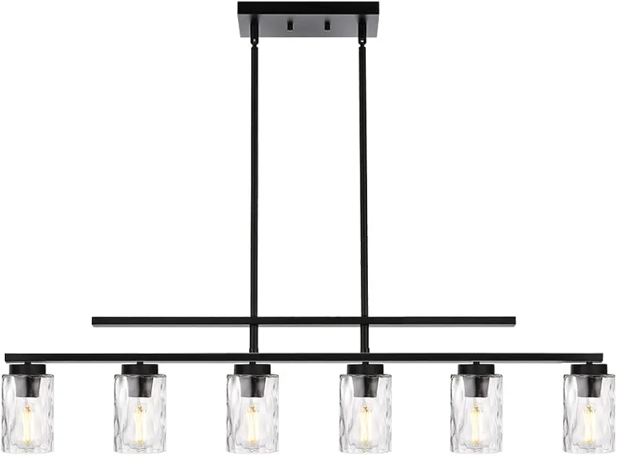 BONLICHT Black Farmhouse Chandelier for Dining Room,Modern 6-Light Linear Pendant Lighting Rectangular Farmhouse Chandelier Rustic Kitchen Island Light Fixture Over Table with Clear Hammered Glass