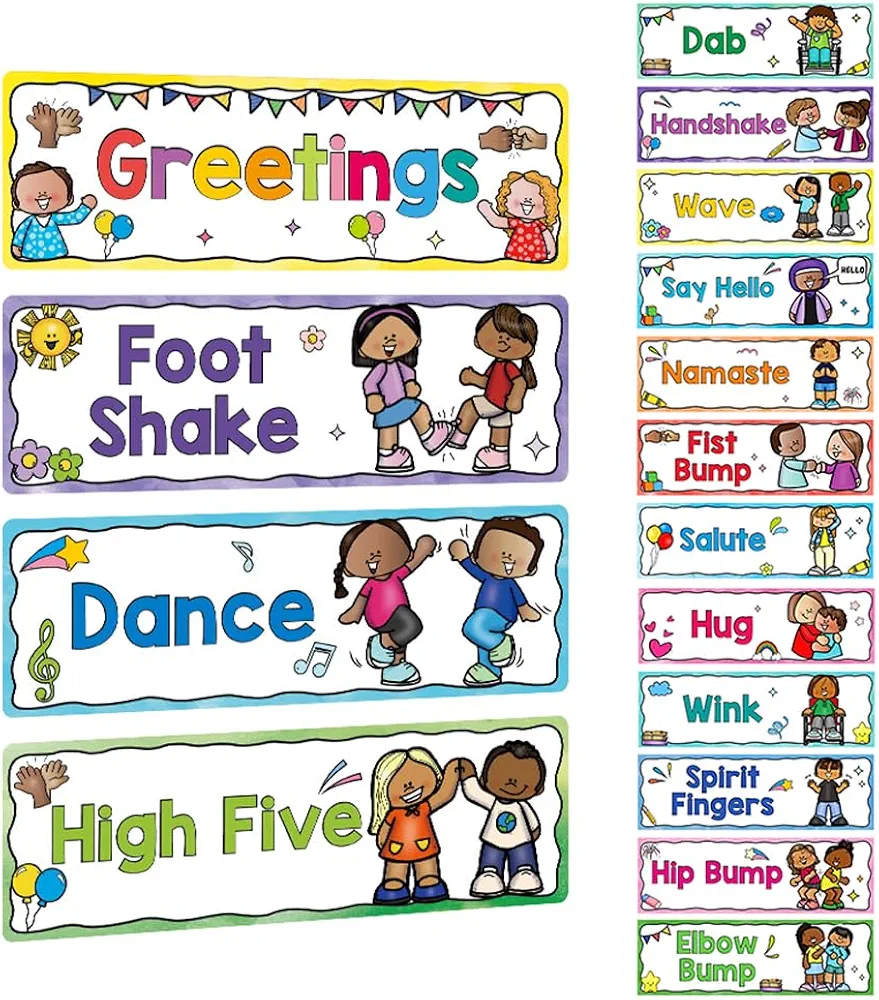 16Pcs Greeting Choices Classroom Rules Posters, Interactive Social Distancing Greetings, Subject Titles for Bulletin Board Boarder Headliners, Classroom Decoration, Teacher Teaching Aids