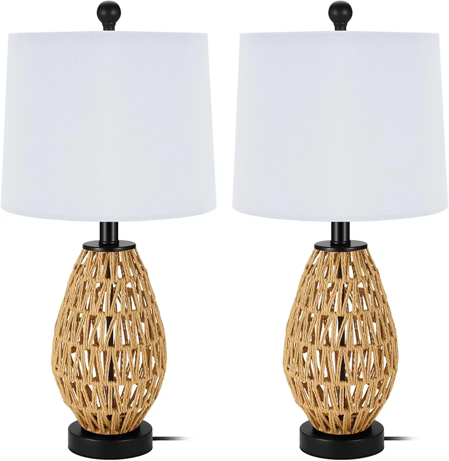 Coastal Table Lamps Set of 2, Retro Rattan woven 24" Bedside Lamp, for Bedroom Living Room Home Office Desk Nightstand Table Lamp