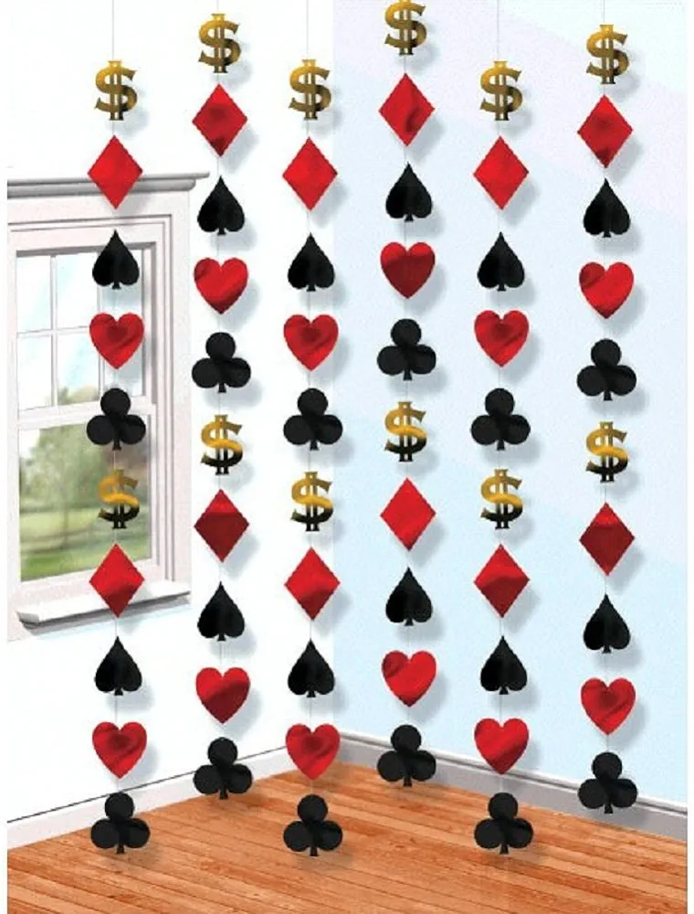 Amscan Casino Foil String Decorations - 7' (Pack of 6) - Red, Black, & Gold Casino Party Icons - Perfect for Game Night, Vegas-Themed Events, and More