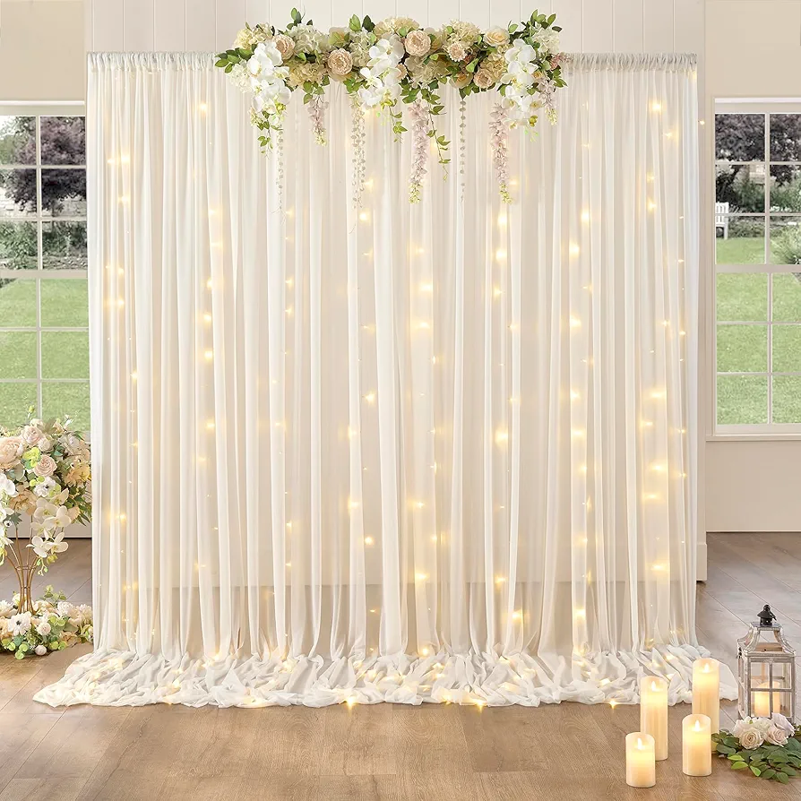 20ftx10ft Ivory Tulle Backdrop Curtain with Lights, 4 Panels 5x10ft Sheer Wrinkle Free Backdrop Drapes for Baby Shower Birthday Party Wedding Arch Living Room Window Wall Decoration