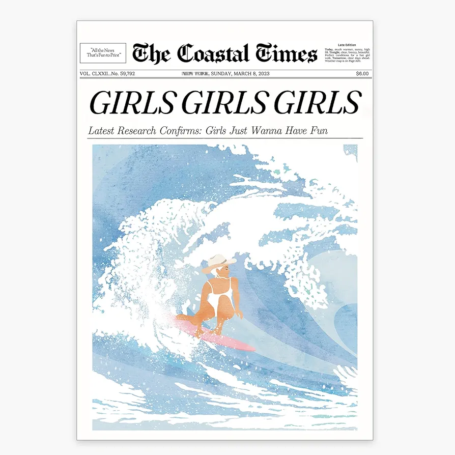 UNXIS Surf Newspaper Poster Vintage Coastal Cowgirl Wall Art Surfboard Painting Preppy Beachy Canvas Print for Teen Girl Room Aesthetic Decor 12x16 Inch Unframed