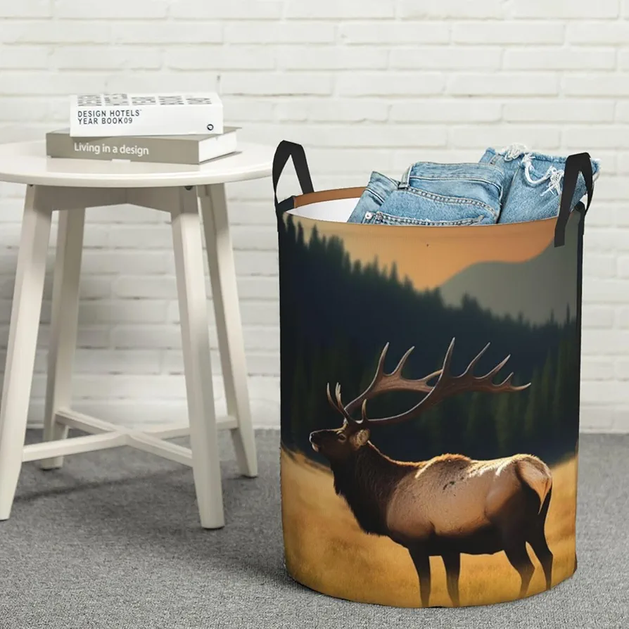 Large Laundry Basket Elk in the Meadow Laundry Hamper Collapsible Laundry Baskets Freestanding Waterproof Laundry Bag for Bedroom Bathroom Laundry Room, Medium, Black, 65HG6FD54H6