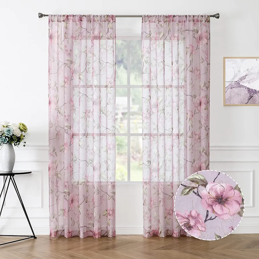 Tollpiz Sheer Curtains Pink Flower Leaf Printed Floral Embroidered Bedroom Curtains Sheer Rod Pocket Voile Faux Linen Window Curtain for Living Room, 54 x 63 inches Long, Set of 2 Panels