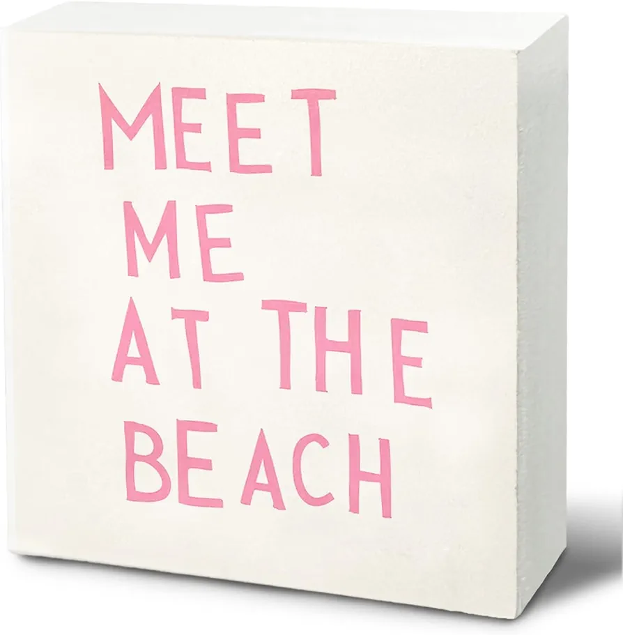 Pink Beachy Room Decor Aesthetic, Beach Room Decor for Teen Girls, Beach Signs for Home Decor, Coastal House Decor, Meet Me at the Beach Wooden Box Sign for Desk Shelf Table Decor, 5x5 Inch