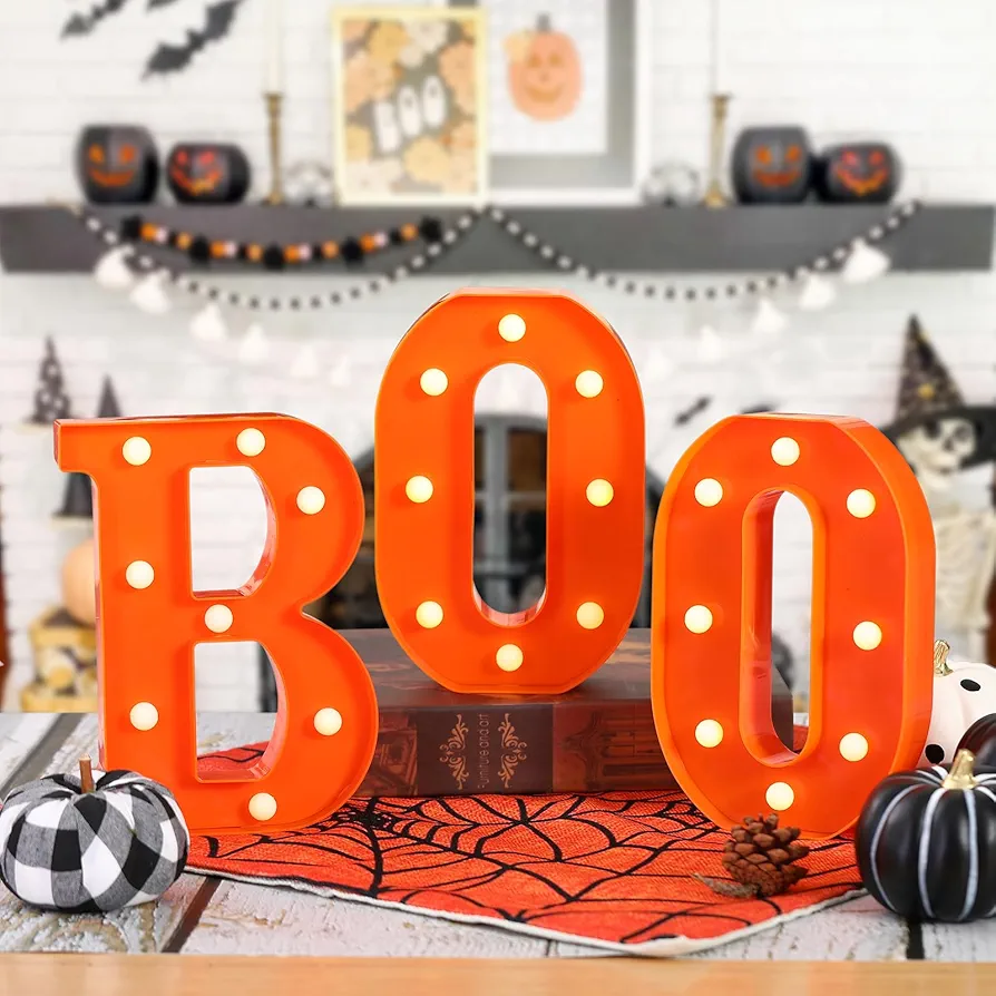 Halloween Decor-Halloween Decorations Indoor-3 LED Marquee Light Up Letters Boo Halloween Lights for Home Kitchen Fireplace Tabletop Party Decoration