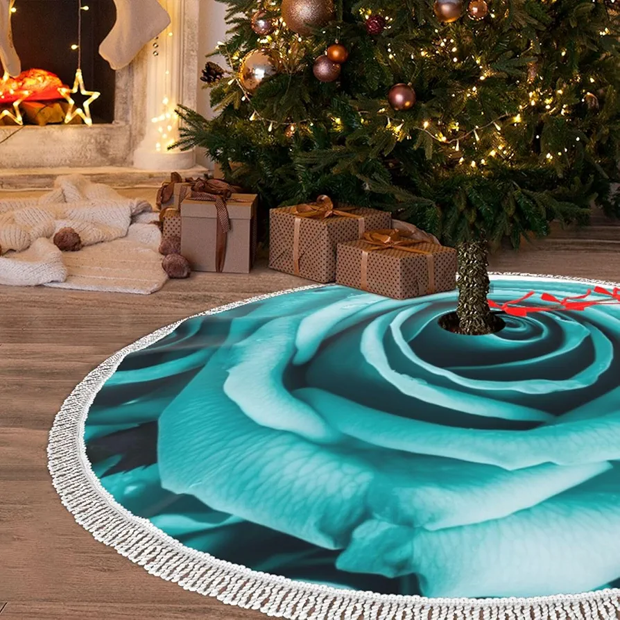 Christmas Tree Skirt with Tassel Turquoise Rose 30" Xmas Tree Skirts Tassel Tree Mat Ornament for Home Indoor Outdoor Room Holiday Decoration