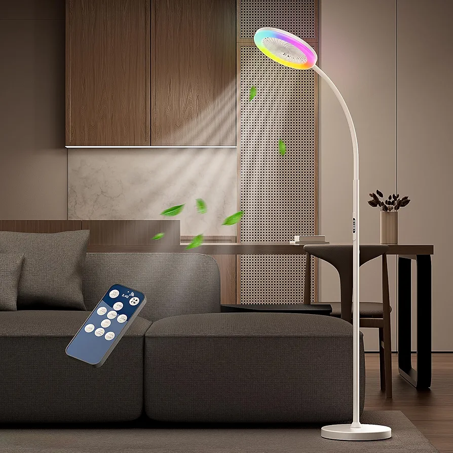 Floor Fan with RGB Lights and Remote, 3 Wind Speeds, 3000K-6500K Dimmable Floor Lamp, Vertical LED Fan for Living Room, Bedroom, Office