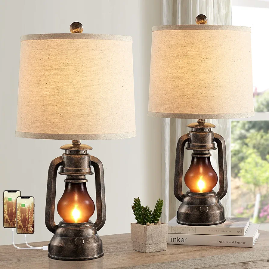 RORIANO Farmhouse Lantern Table Lamps for Living Room Set of 2, Vintage Bedroom Resin Lamp with Dual USB Charging Ports, Rustic Retro Bedside Nightstand Desk Lamp, Linen Fabric Shade, 4 Bulb Included