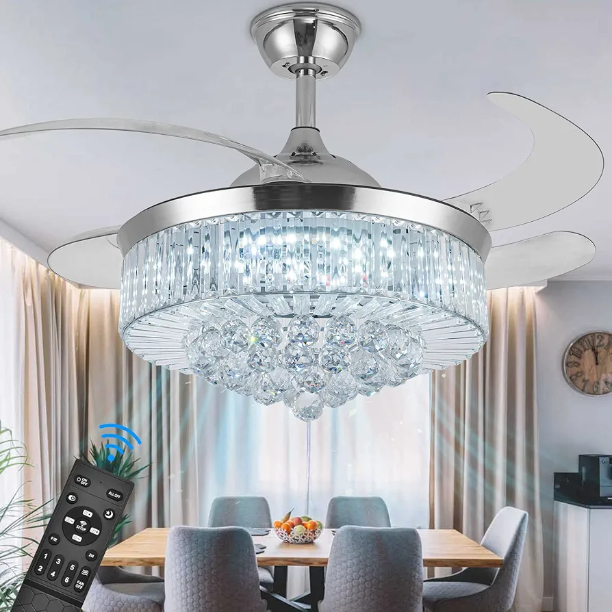 Panghuhu88 42" Invisible Ceiling Fan Chandelier Light,Modern Crystal Ceiling Fan Light Remote Control 4 Retractable ABS Blades for Bedroom Living Room Dining Room Decoration