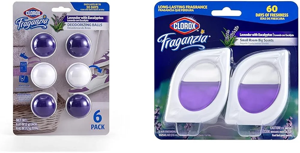 Clorox Fraganzia Fresh Air Bundle: Lavender and Eucalyptus Deodorizing Balls, 6-Pack & Small Room Air Fresheners, 2 Count for Lasting Fragrance and Freshness