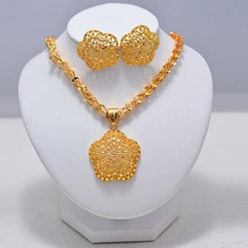 Dubai Jewelry Sets for Women Gold Color Ethiopian Pendant Necklaces Earrings Middle Eastern Arab African Wedding Jewelery