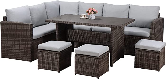 Wumiokio 7 Piece Patio Furniture Set, PE Rattan Wicker Outdoor Sectional Furniture Set, Outdoor Dining Set Sectional Sofa Patio Conversation Set with Cushions (Grey)