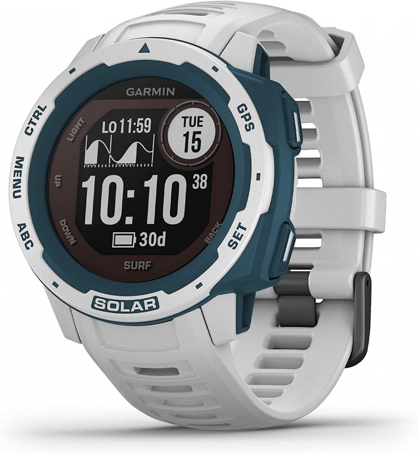 Garmin Instinct Solar Surf, Solar-Powered Rugged Outdoor Smartwatch with Tide Data and Dedicated Surfing Activity, Cloudbreak (Renewed)