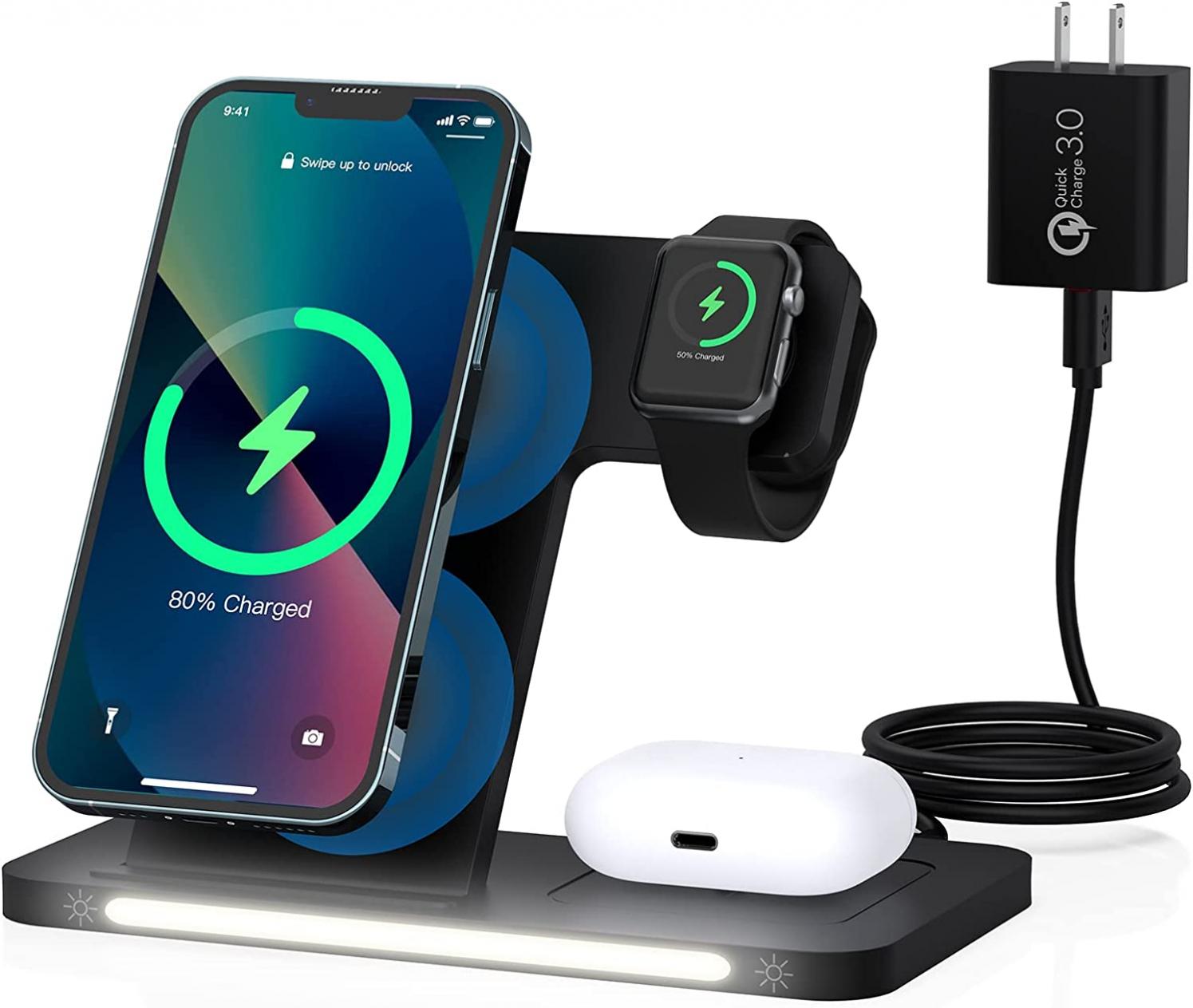 3 in 1 Wireless Charging Station with LED Lamp, BWOO 18W Foldable Wireless Charger Fast Charging Stand Dock Compatible with iPhone 13/13 Pro/12/12Pro Max/11/XS Mas/XR/XS/iwatch/AirPods/Samsung Galaxy