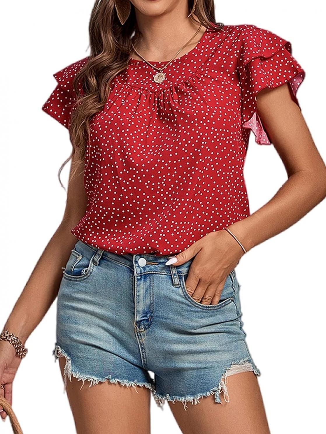 LYANER Women's Polka Dots Scoop Neck Layer Ruffle Trim Short Sleeve Blouse Shirt Top