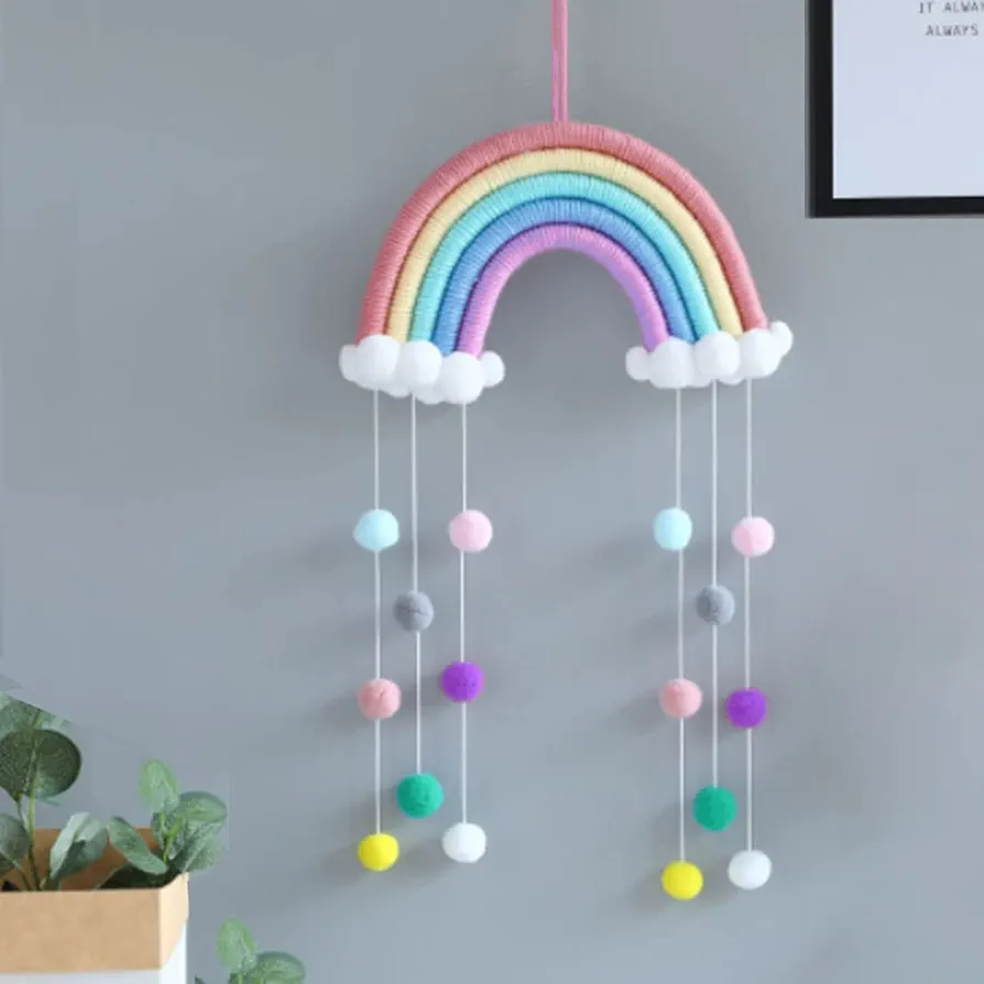 Boho Rainbow Nursery Decor Handmade Macrame Rainbow Wall Hanging with Pom Pom Ball Cloud Raindrop Nursery Classroom Dorm Bedroom Wall Decor Gifts for Baby Shower Birthday Valentine Christmas