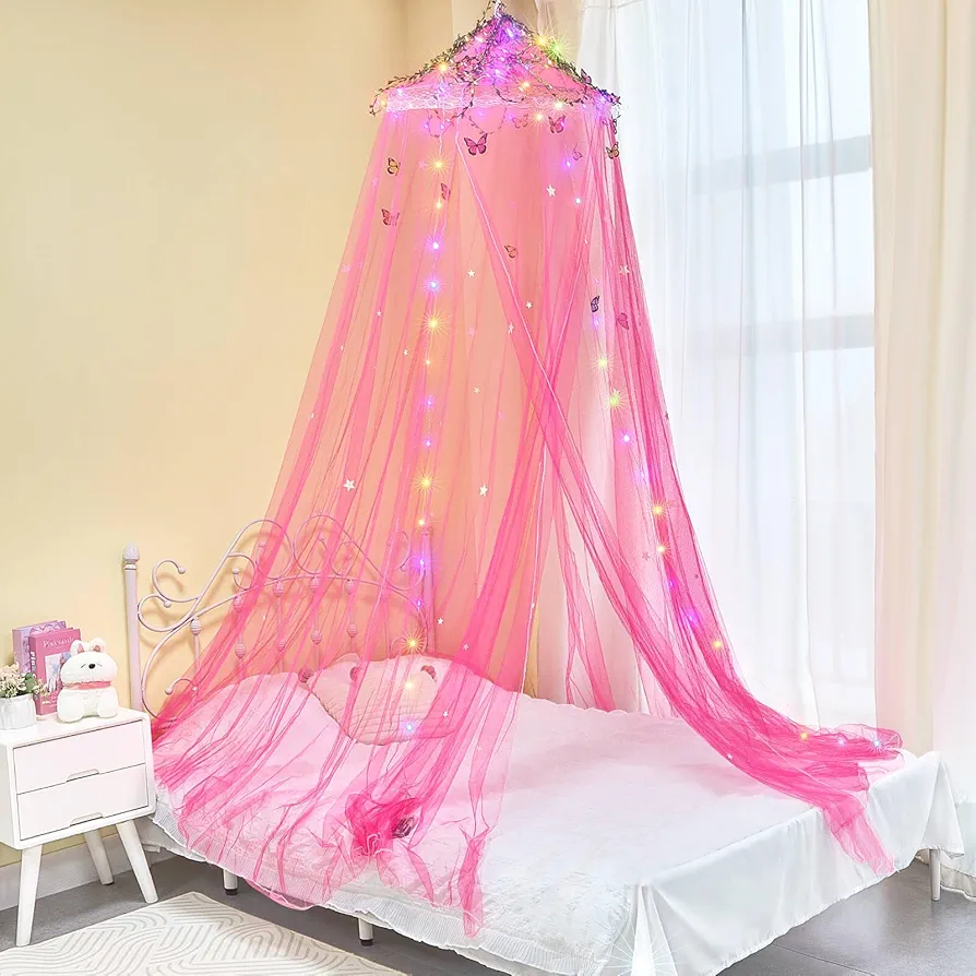 FIOBEE Bed Canopy for Girls Room Bed Canopy Curtains with Led Lights Mosquito Net DIY Princess Room Décor with Stars Butterflies for Kids Bedroom, Red