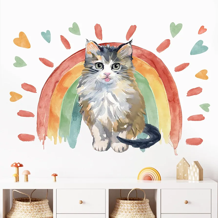 Mfault Cat Rainbow Wall Decals Stickers, Watercolor Kitty Pet Nursery Decorations Girls Boys Bedroom Art, Kitten Baby Kids Toddlers Room Living Room Decor Cat Lover Gifts