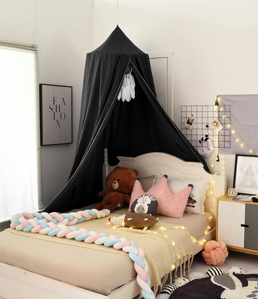 Bed Canopy for Boys Girls,Crib Canopy Curtains,Extra Large Dome Mosquito Net Reading Nook Canopy for Kids Boys Twin Full Queen Size Bed,Fire Retardant Fabric (Black)