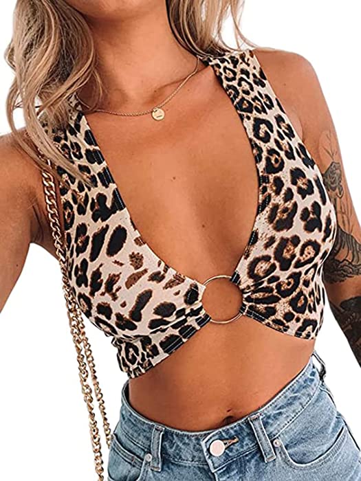 Crop Tops for Women Plunging Neckline Crop Top with Golden Ring Centrepiece