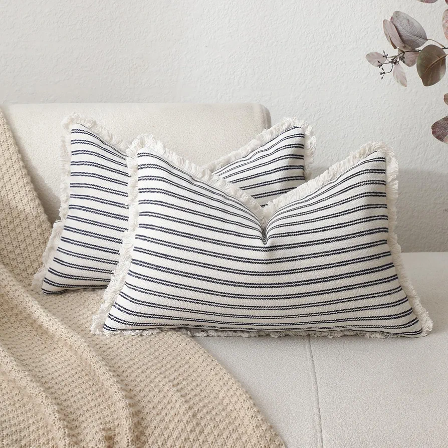 Kiuree Throw Pillow Covers 12x20 Set of 2 Striped Pillow Covers with Fringe Chic Cotton Decorative Pillows Square Cushion Covers for Sofa Couch Bed Living Room Farmhouse Decor,Blue