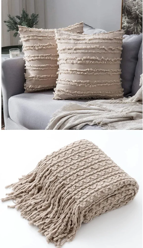 MIULEE Set of 2 Decorative Boho Throw Pillow Covers Linen Striped Jacquard Pattern Cushion Covers for Sofa Couch Living Room Bedroom 26x26 Inch Beige Bundle Knit Throw Blanket 50x60 inch