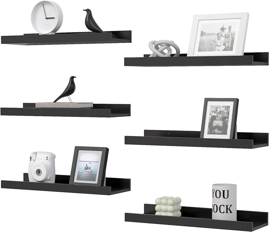 Floating Shelves Set of 6, Black Wall Shelves with Lip, Display Shelves for Wall Decor, Modern Picture Ledge for Living Room, Bedroom, Nursery, Bathroom, Pictures, Books, Plants- Black