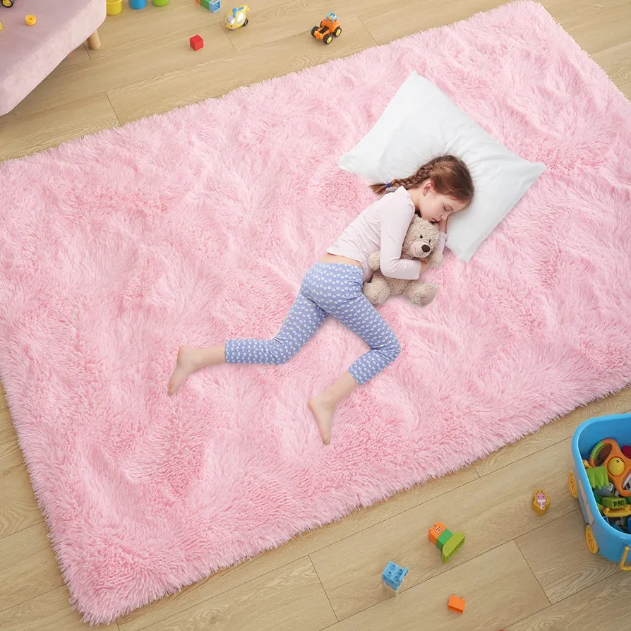 Ultra Soft Pink Rugs for Bedroom 4x6 Feet, Fluffy Shag Area Rugs for Living Room, Large Comfy Furry Rug for Girls Kids Baby Room Decor, Non Slip Nursery Modern Indoor Fuzzy Floor Carpet