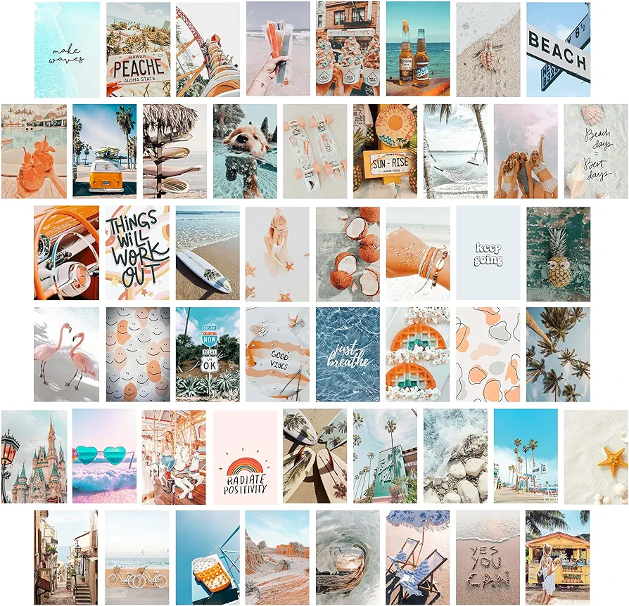 KOSKIMER Beach Wall Collage Kit Aesthetic Pictures, 50 Set 4x6 Inch, Beachy Room Decor Aesthetic, Cute Bedroom Decor for Teen Girls, VSCO Room Decor Posters, Photo Collage Kit for Dorm, Preppy Things