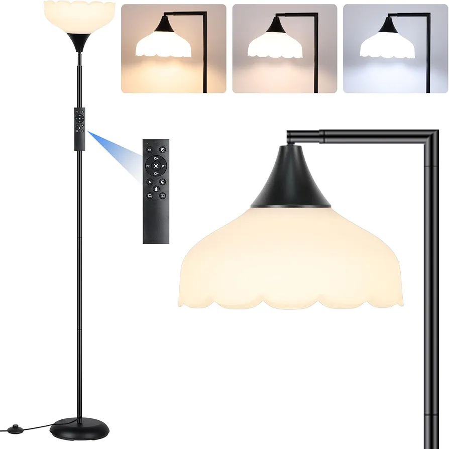 Floor Lamp with Remote, 2 in 1 Dimmable Standing Lamp for Reading, 76" Tall Lamp with Stepless Adjustable 3000K-6500K Colors, Black Torchiere Lamp for Living Room Bedroom Office, E26 LED Bulb Included